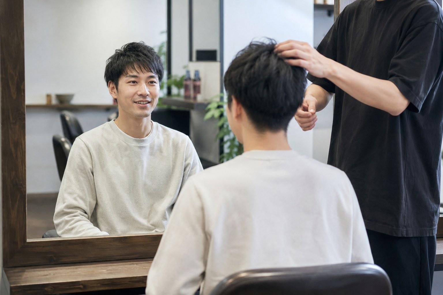 初回来店時、男性スタイリストと客が自然に会話しながら行うカウンセリング風景